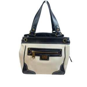 Burberry Vintage White Canvas & Black Leather Tote Bag Gold Hardware